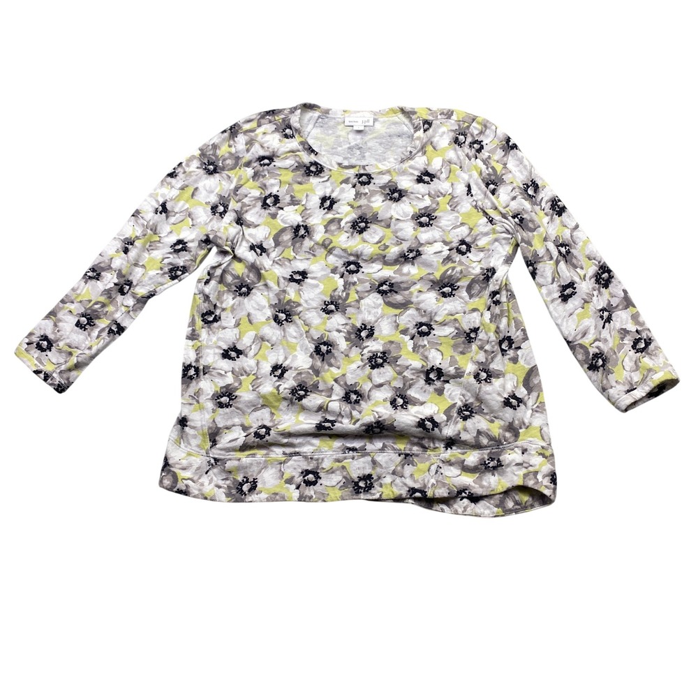 J. Jill Love Linen Floral Top‎ Chartreuse Grey Poppy 3/4 Sleeve Small Career
